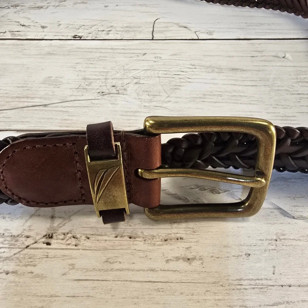 Nautica Mens Braided Leather Belt Dark Brown Woven Brass Buckle Size 34 93540